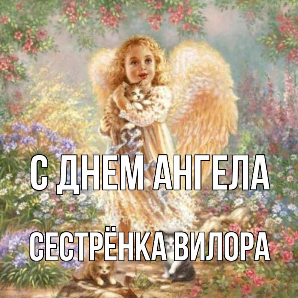 Открытка на каждый день с именем, Сестрёнка-Вилора С днем ангела держит котенка Прикольная открытка с пожеланием онлайн скачать бесплатно 