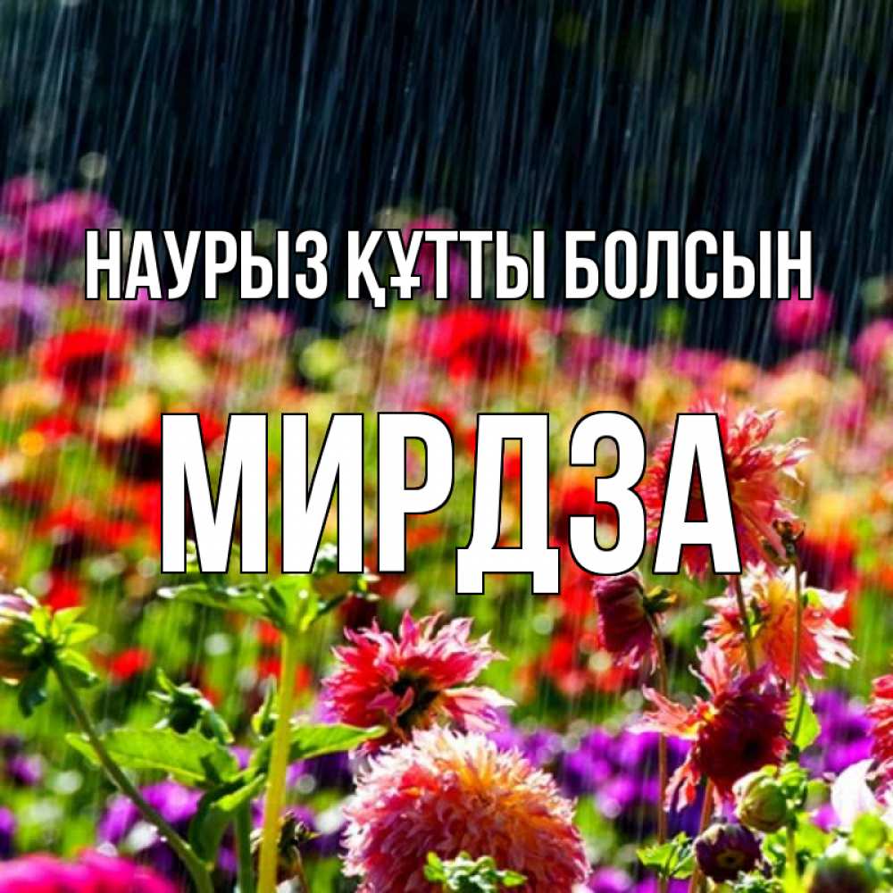 Открытка на каждый день с именем, Мирдза Наурыз құтты болсын цветы под дождиком к наурызу Прикольная открытка с пожеланием онлайн скачать бесплатно 