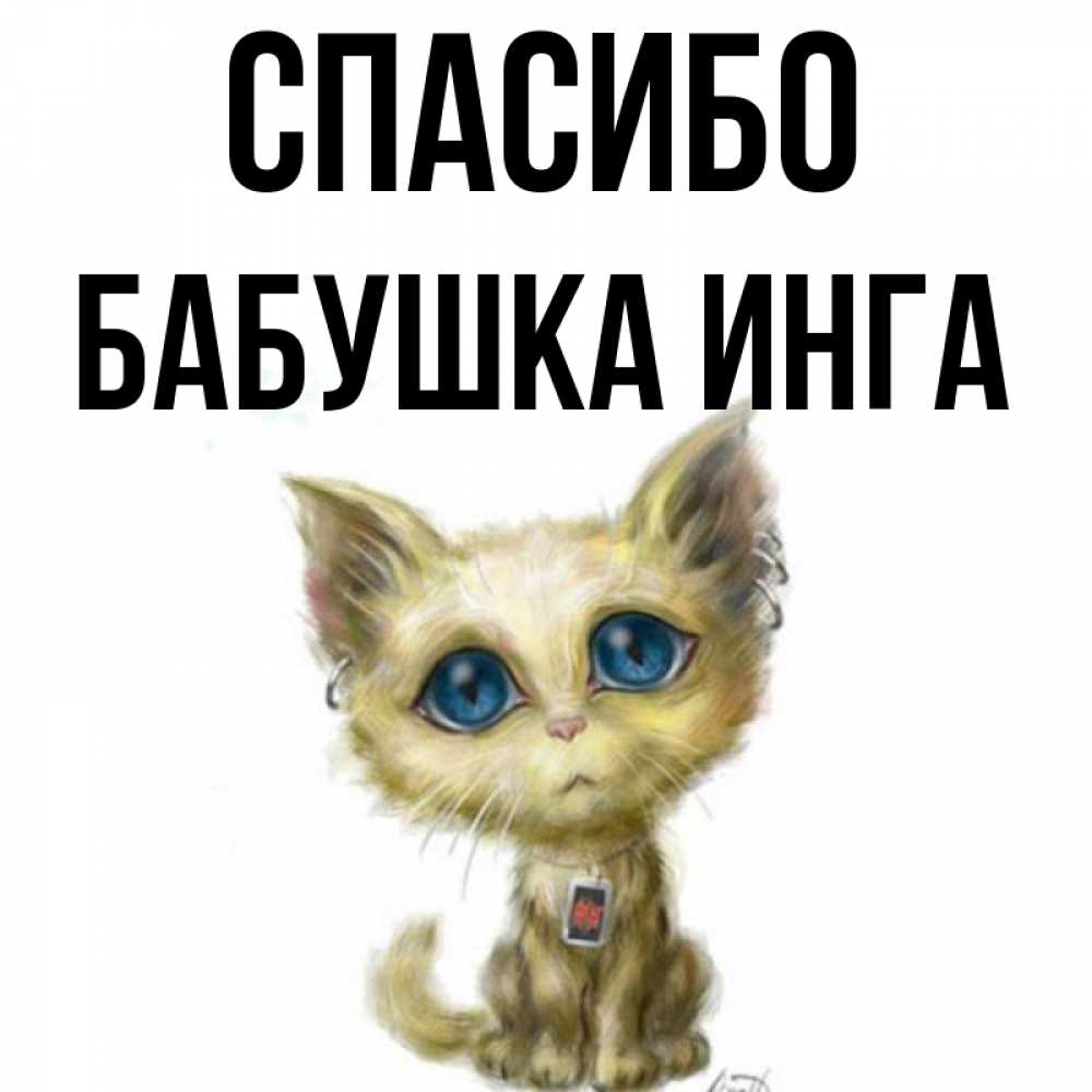 Открытка на каждый день с именем, Бабушка-Инга Спасибо рисованный кот благодарит вас Прикольная открытка с пожеланием онлайн скачать бесплатно 