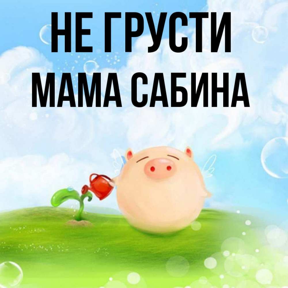 Открытка на каждый день с именем, Мама-Сабина Не грусти поливает цветок порося Прикольная открытка с пожеланием онлайн скачать бесплатно 