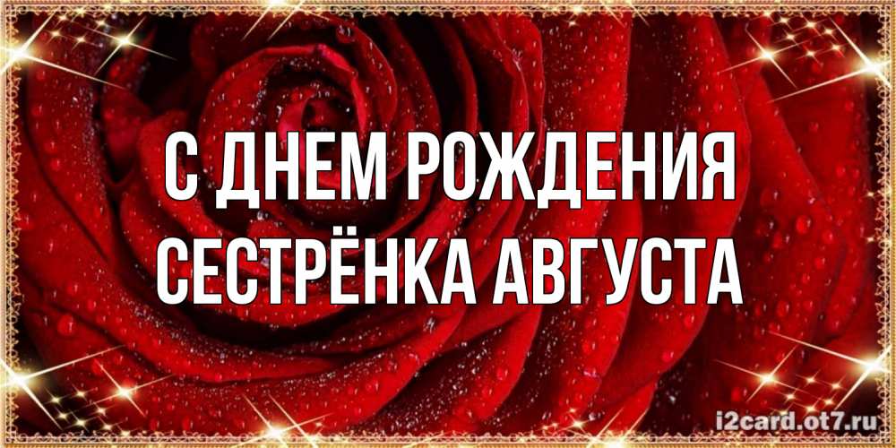 Открытка на каждый день с именем, Сестрёнка-Августа С днем рождения роса на розе блестящая в лучах солнца Прикольная открытка с пожеланием онлайн скачать бесплатно 