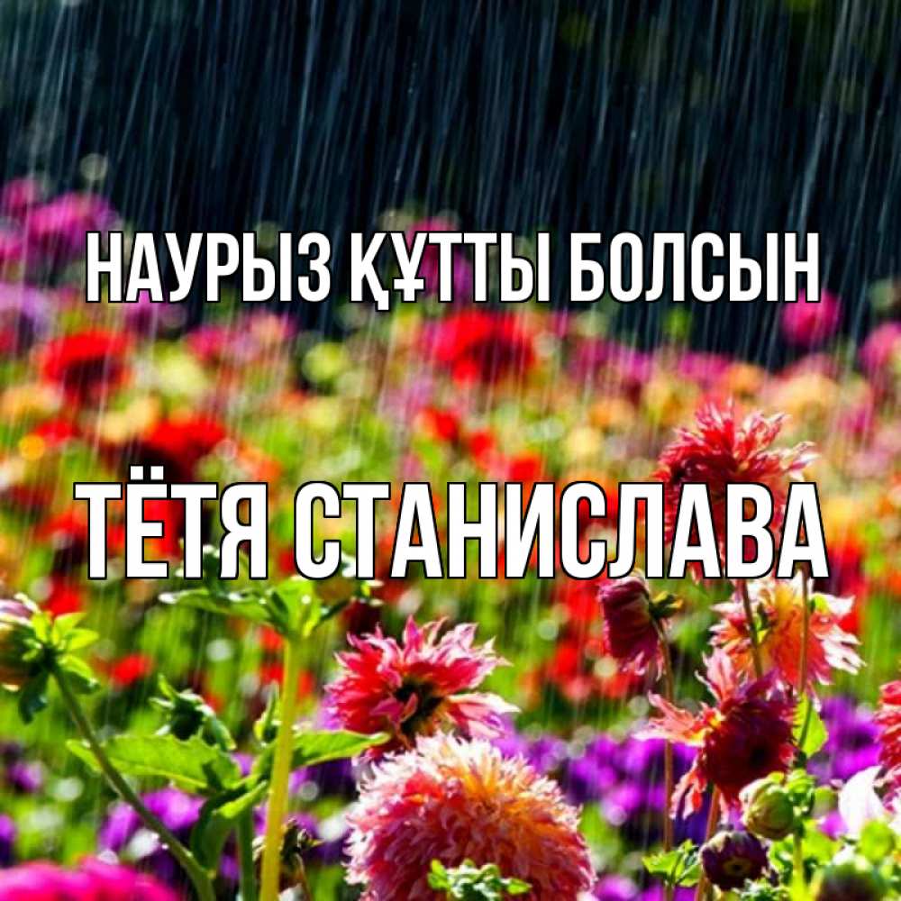 Открытка на каждый день с именем, Тётя-Станислава Наурыз құтты болсын цветы под дождиком к наурызу Прикольная открытка с пожеланием онлайн скачать бесплатно 