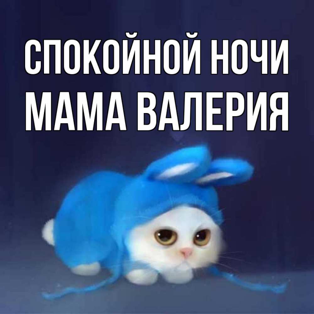Открытка на каждый день с именем, Мама-Валерия Спокойной ночи кот в голубом костюме кролика с ушками Прикольная открытка с пожеланием онлайн скачать бесплатно 