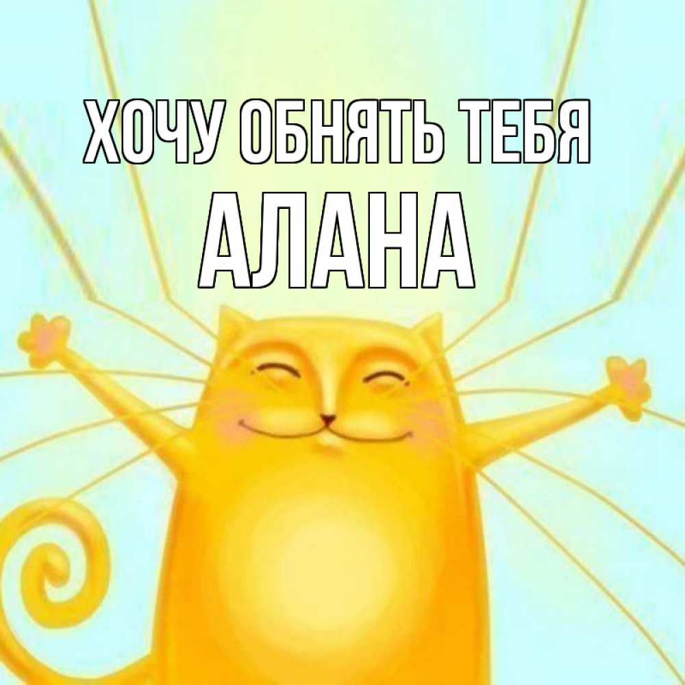 Открытка на каждый день с именем, Алана Хочу обнять тебя солнечный обнимашечный кот Прикольная открытка с пожеланием онлайн скачать бесплатно 
