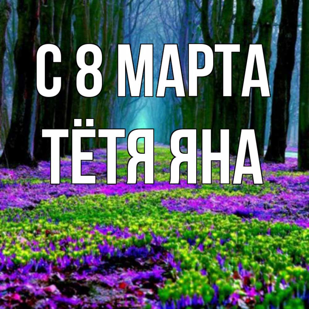 Открытка на каждый день с именем, Тётя-Яна С 8 МАРТА фиолетовые цветы в лесу 1 Прикольная открытка с пожеланием онлайн скачать бесплатно 