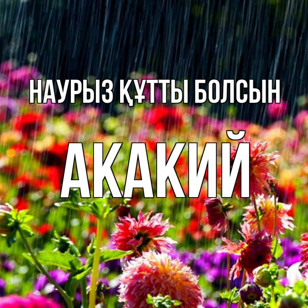 Открытка на каждый день с именем, Акакий Наурыз құтты болсын цветы под дождиком к наурызу Прикольная открытка с пожеланием онлайн скачать бесплатно 