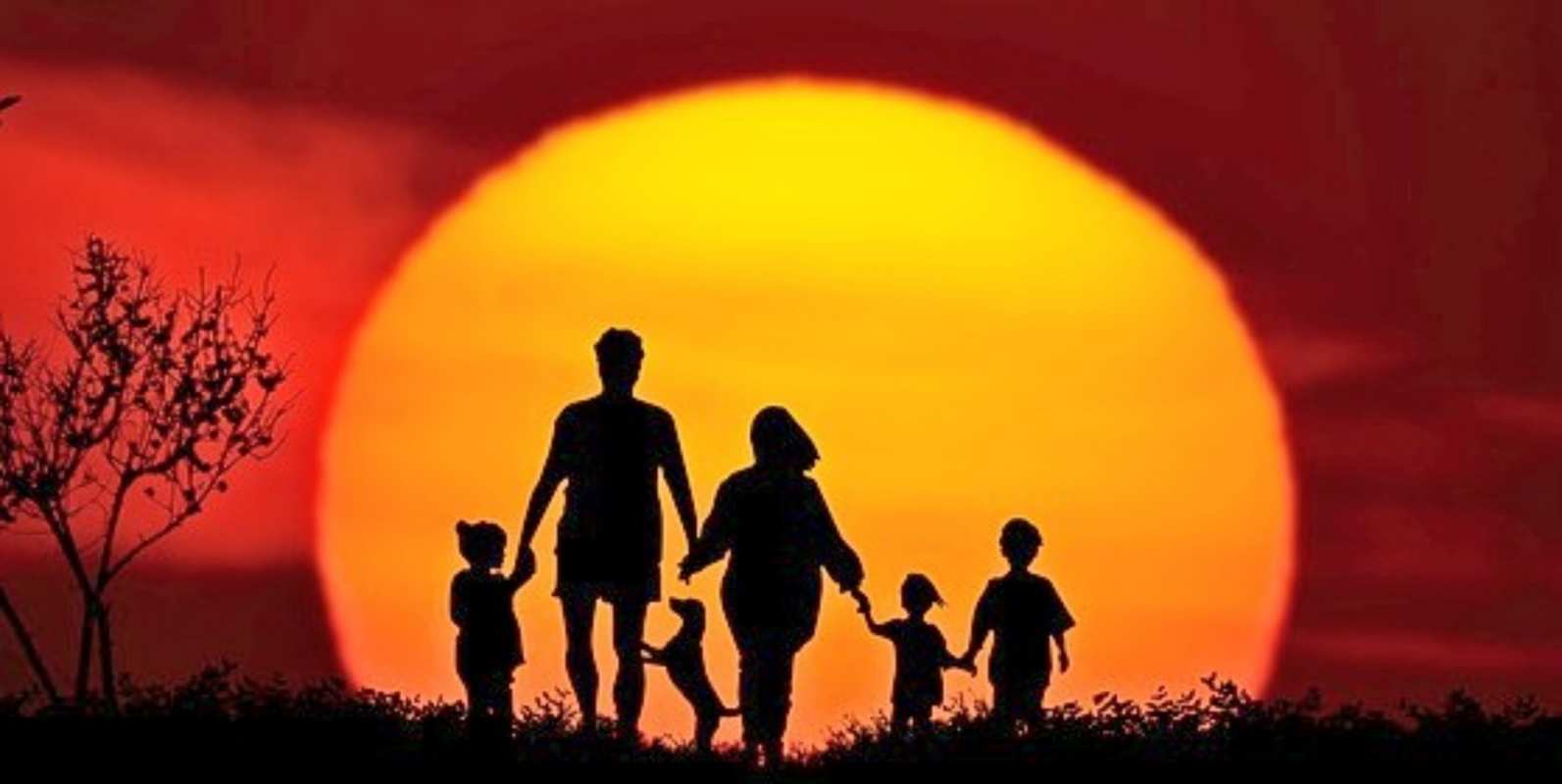 Открытка семья на фоне заката с собакой  закат, семья  С днем семьи 