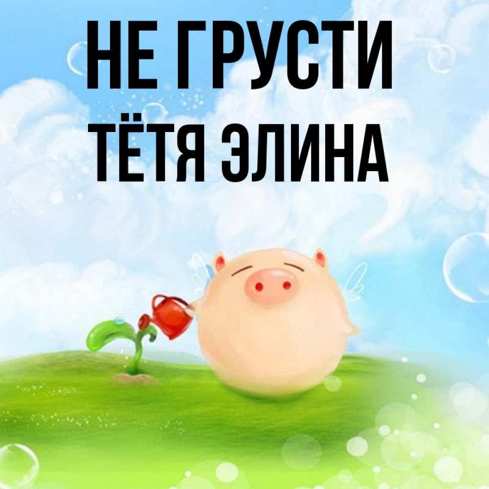 Открытка на каждый день с именем, Тётя-Элина Не грусти поливает цветок порося Прикольная открытка с пожеланием онлайн скачать бесплатно 