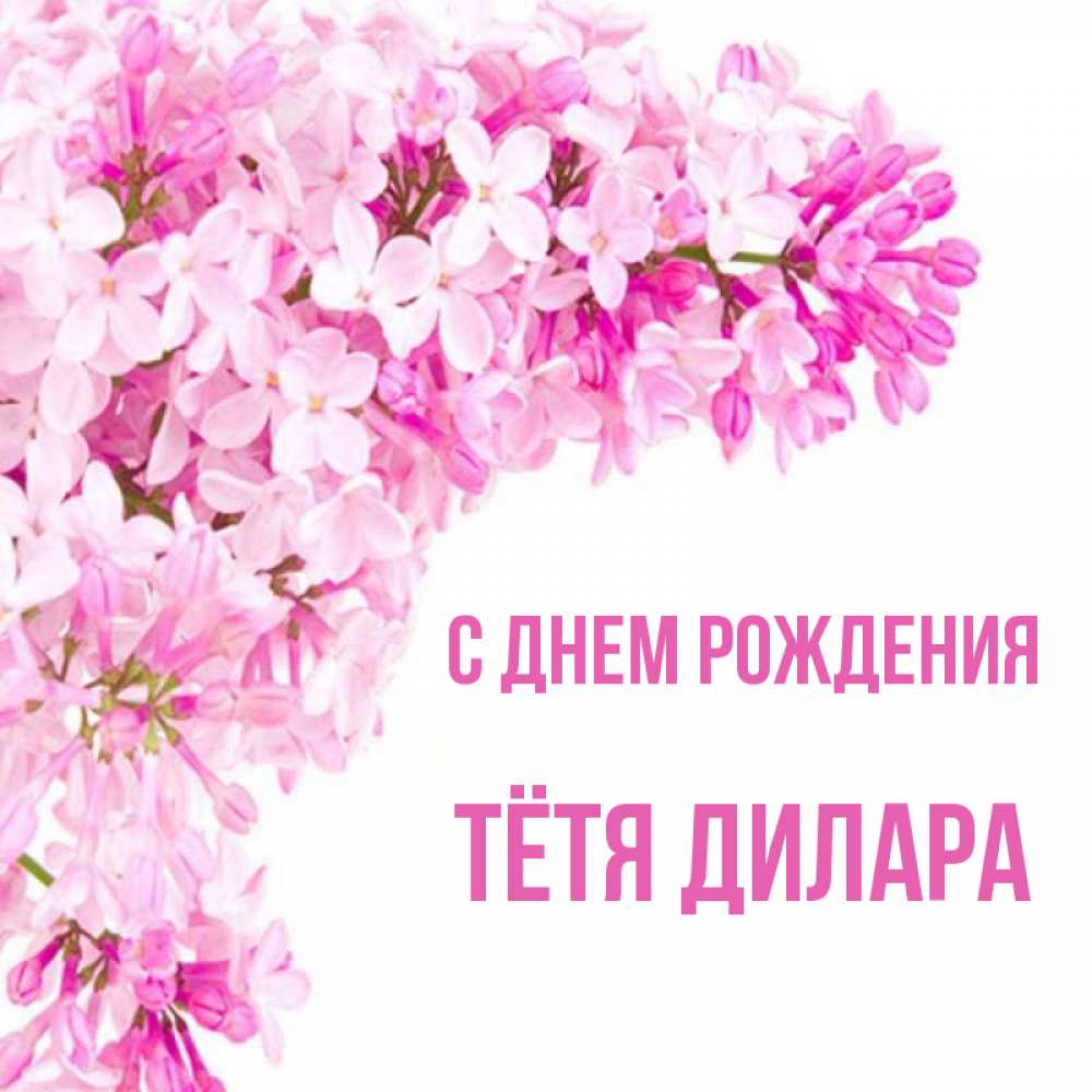 Открытка на каждый день с именем, Тётя-Дилара С днем рождения Сирень на белом фоне Прикольная открытка с пожеланием онлайн скачать бесплатно 