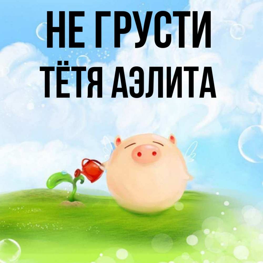 Открытка на каждый день с именем, Тётя-Аэлита Не грусти поливает цветок порося Прикольная открытка с пожеланием онлайн скачать бесплатно 