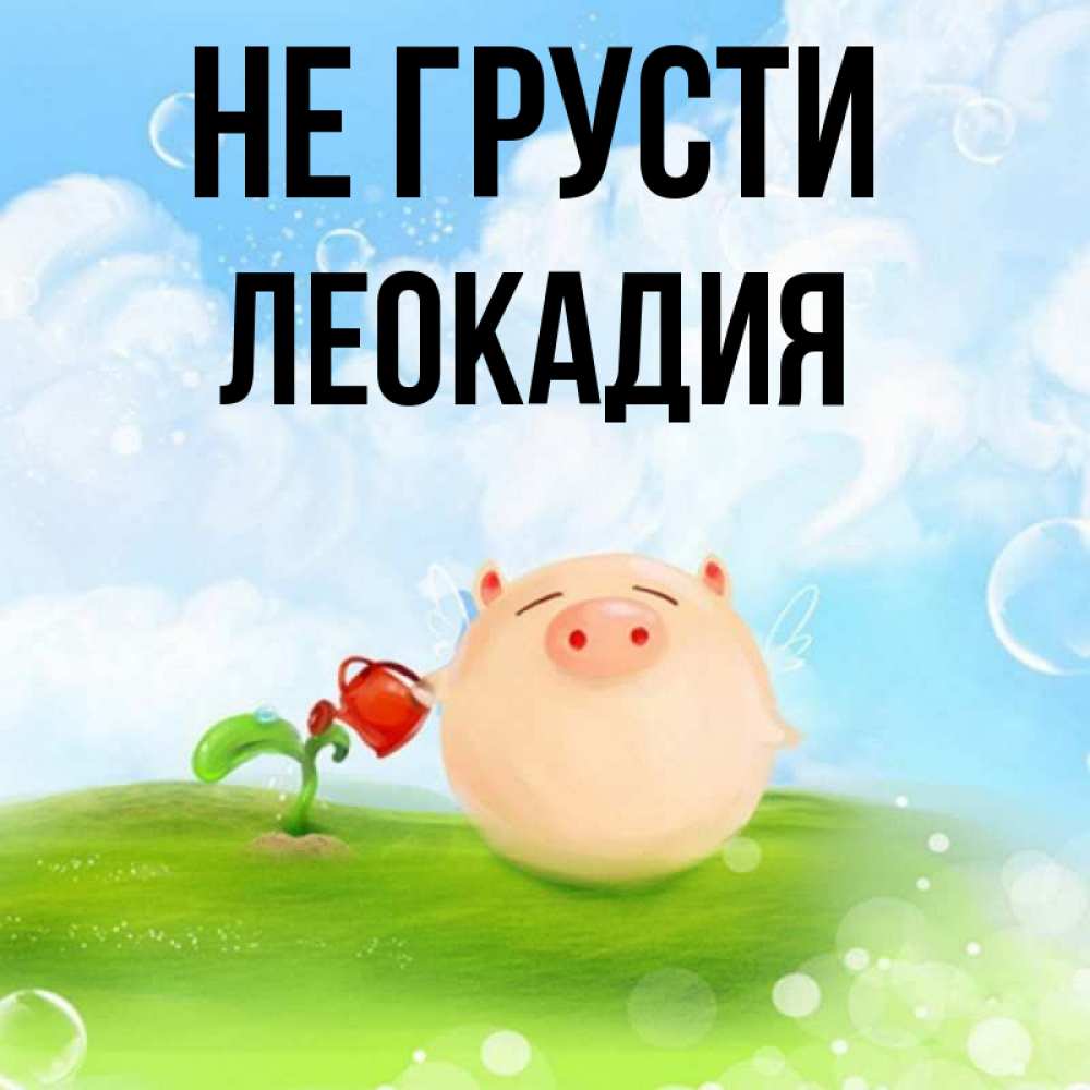 Открытка на каждый день с именем, Леокадия Не грусти поливает цветок порося Прикольная открытка с пожеланием онлайн скачать бесплатно 