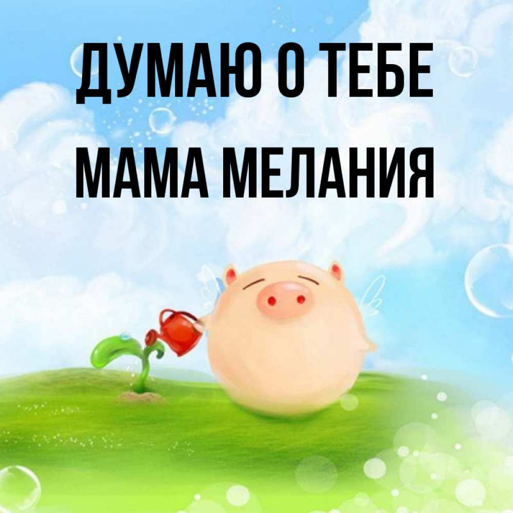 Открытка на каждый день с именем, Мама-Мелания Думаю о тебе позитивная свинюшка Прикольная открытка с пожеланием онлайн скачать бесплатно 