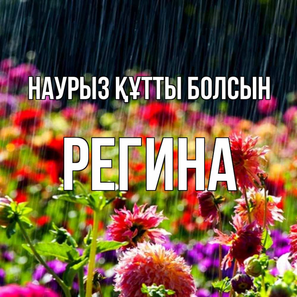 Открытка на каждый день с именем, Регина Наурыз құтты болсын цветы под дождиком к наурызу Прикольная открытка с пожеланием онлайн скачать бесплатно 