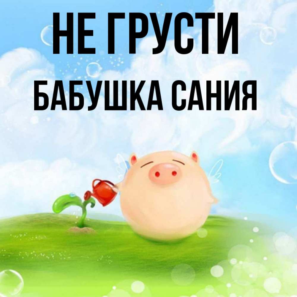 Открытка на каждый день с именем, Бабушка-Сания Не грусти поливает цветок порося Прикольная открытка с пожеланием онлайн скачать бесплатно 
