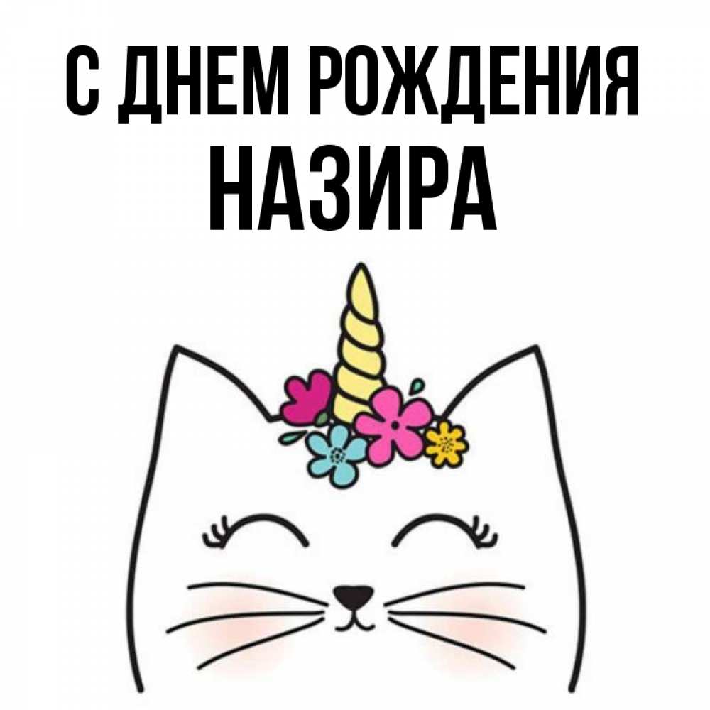 Открытка на каждый день с именем, Назира С днем рождения милый кот с одним рожком Прикольная открытка с пожеланием онлайн скачать бесплатно 