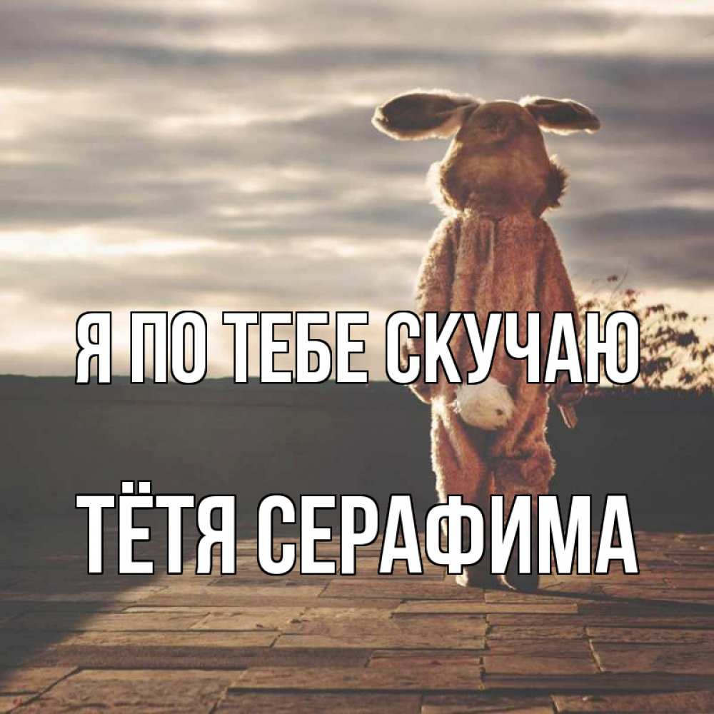 Открытка на каждый день с именем, Тётя-Серафима Я по тебе скучаю даже в костюме зайца Прикольная открытка с пожеланием онлайн скачать бесплатно 