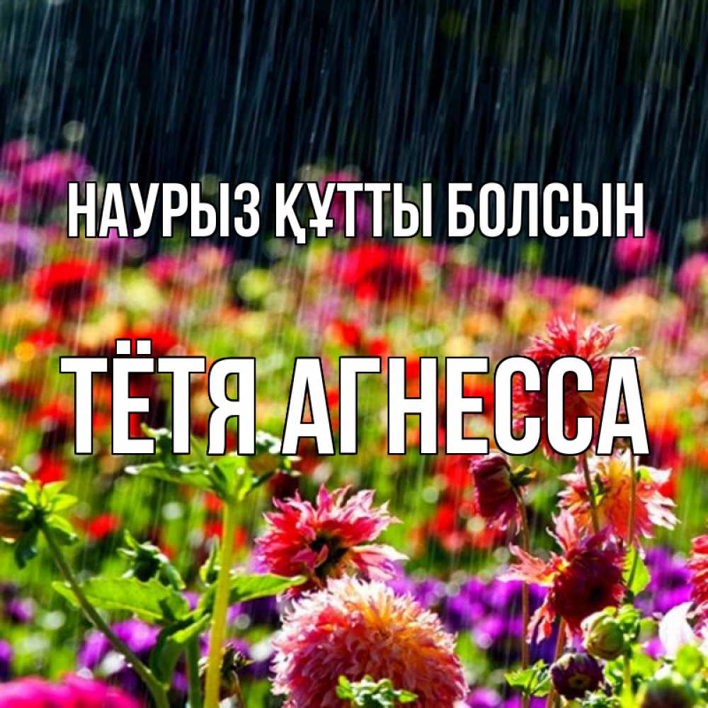 Открытка на каждый день с именем, Тётя-Агнесса Наурыз құтты болсын цветы под дождиком к наурызу Прикольная открытка с пожеланием онлайн скачать бесплатно 