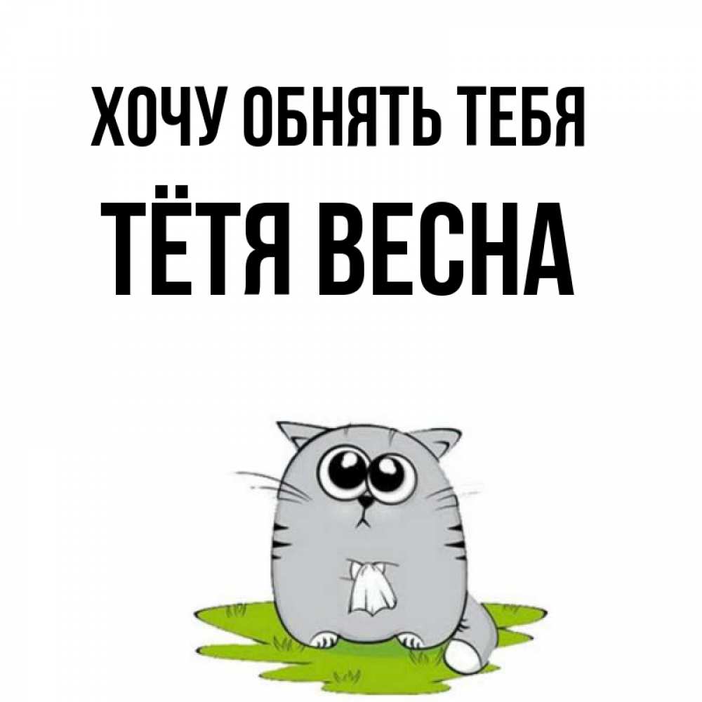Открытка на каждый день с именем, Тётя-Весна Хочу обнять тебя котик теребит платочек сидя на травке Прикольная открытка с пожеланием онлайн скачать бесплатно 