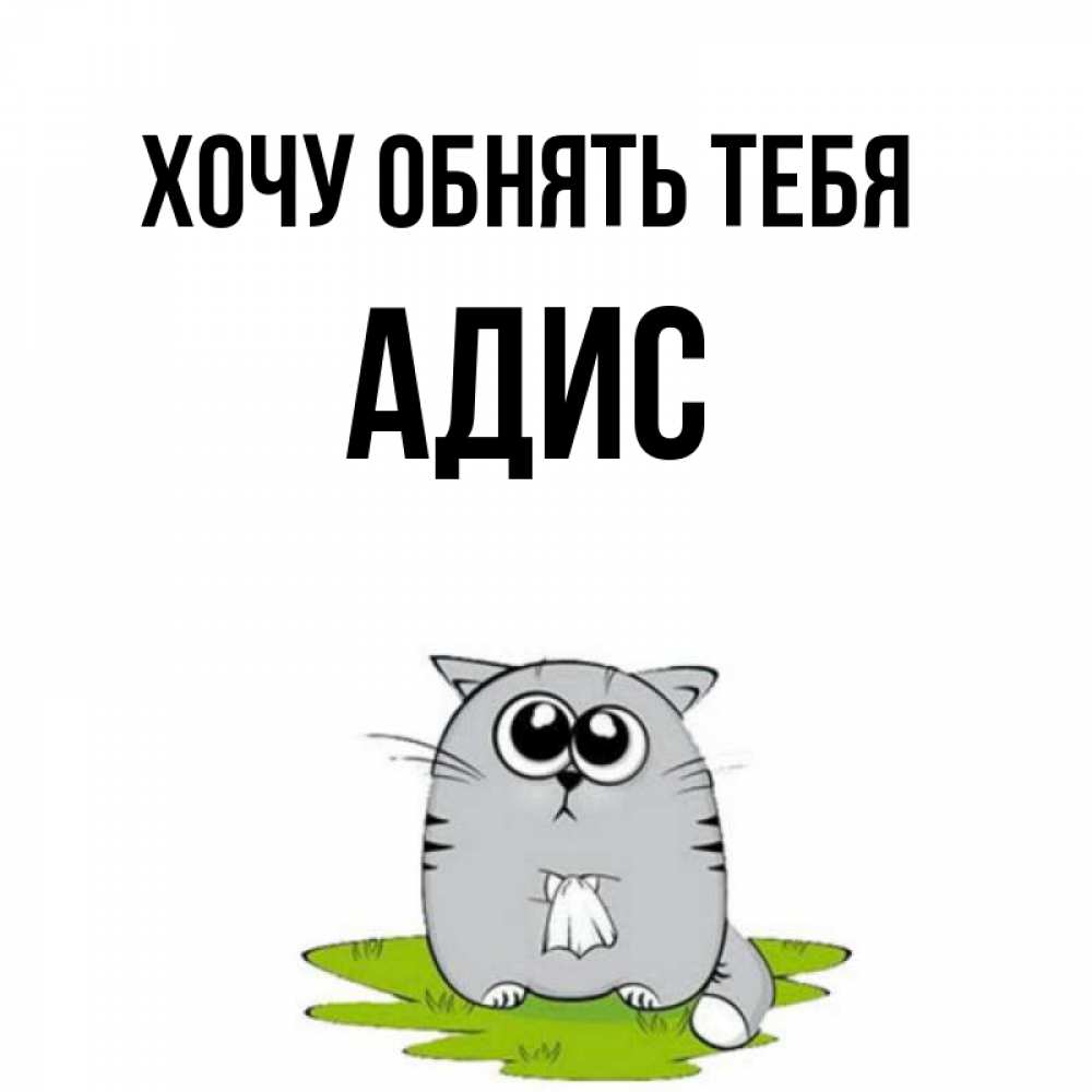 Открытка на каждый день с именем, Адис Хочу обнять тебя котик теребит платочек сидя на травке Прикольная открытка с пожеланием онлайн скачать бесплатно 