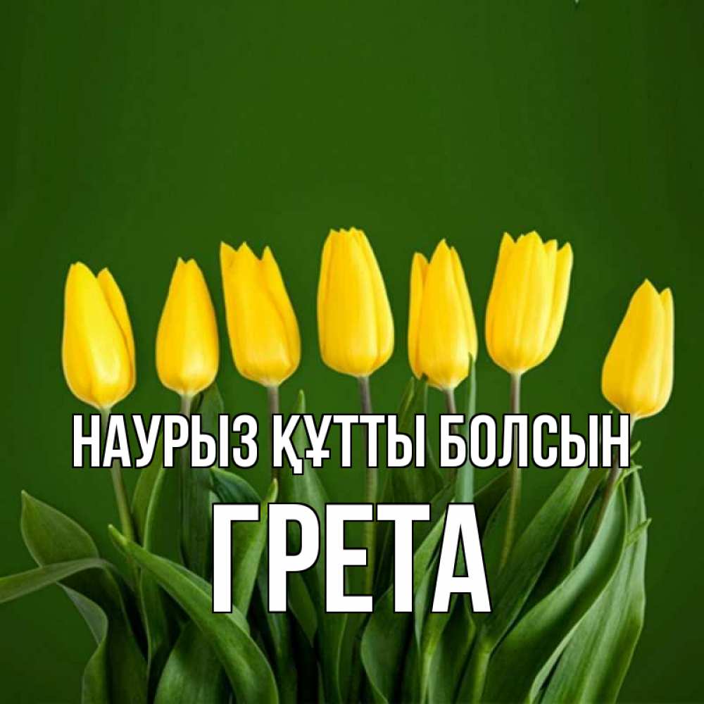 Открытка на каждый день с именем, Грета Наурыз құтты болсын желтого цвета 3 Прикольная открытка с пожеланием онлайн скачать бесплатно 
