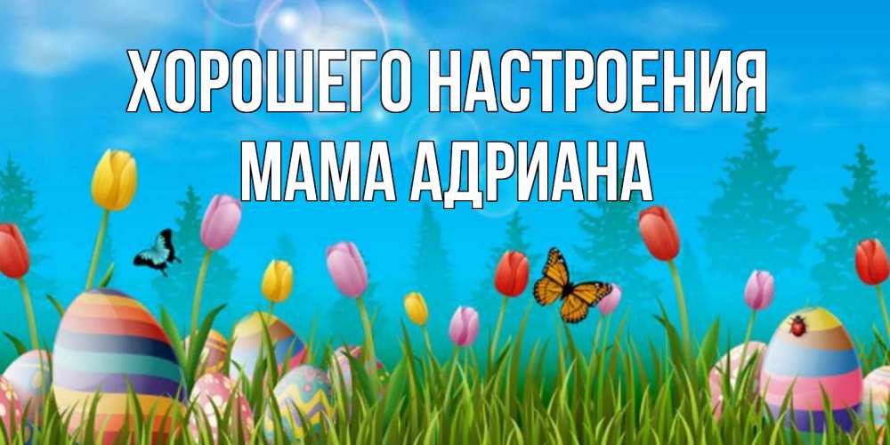 Открытка на каждый день с именем, Мама-Адриана Хорошего настроения небо и тюльпаны с бабочкой Прикольная открытка с пожеланием онлайн скачать бесплатно 