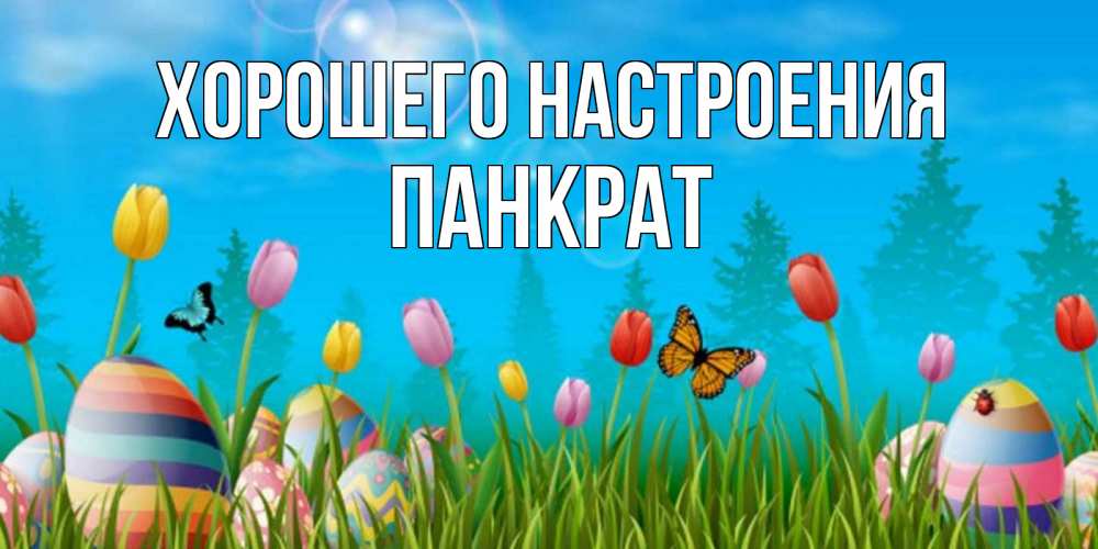 Открытка на каждый день с именем, Панкрат Хорошего настроения небо и тюльпаны с бабочкой Прикольная открытка с пожеланием онлайн скачать бесплатно 