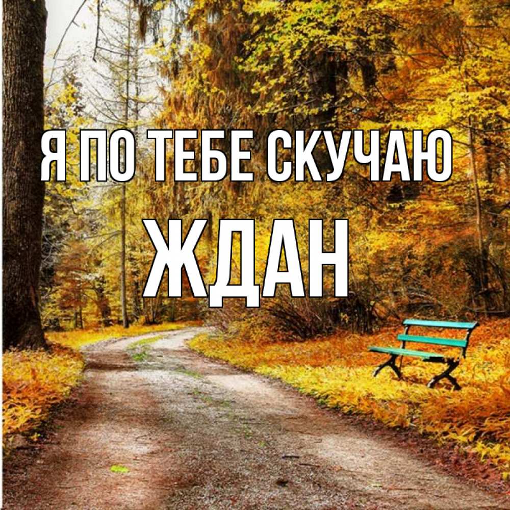 Открытка на каждый день с именем, Ждан Я по тебе скучаю зеленая лавочка и осенний лес Прикольная открытка с пожеланием онлайн скачать бесплатно 