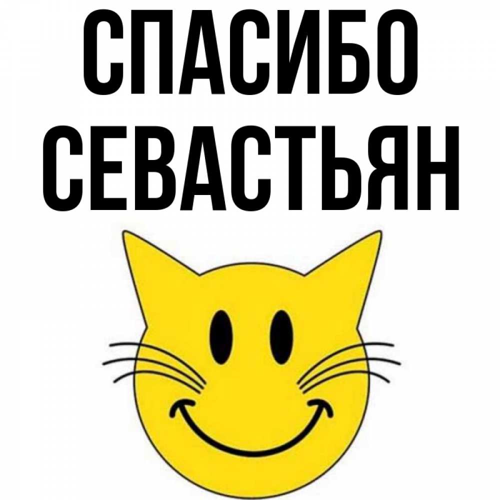 Открытка на каждый день с именем, Севастьян Спасибо улыбающийся смайл кот Прикольная открытка с пожеланием онлайн скачать бесплатно 