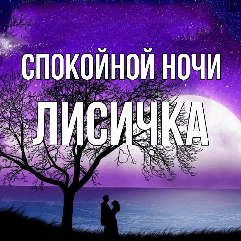 Открытка на каждый день с именем, Лисичка Спокойной ночи огромная луна и парочка Прикольная открытка с пожеланием онлайн скачать бесплатно 