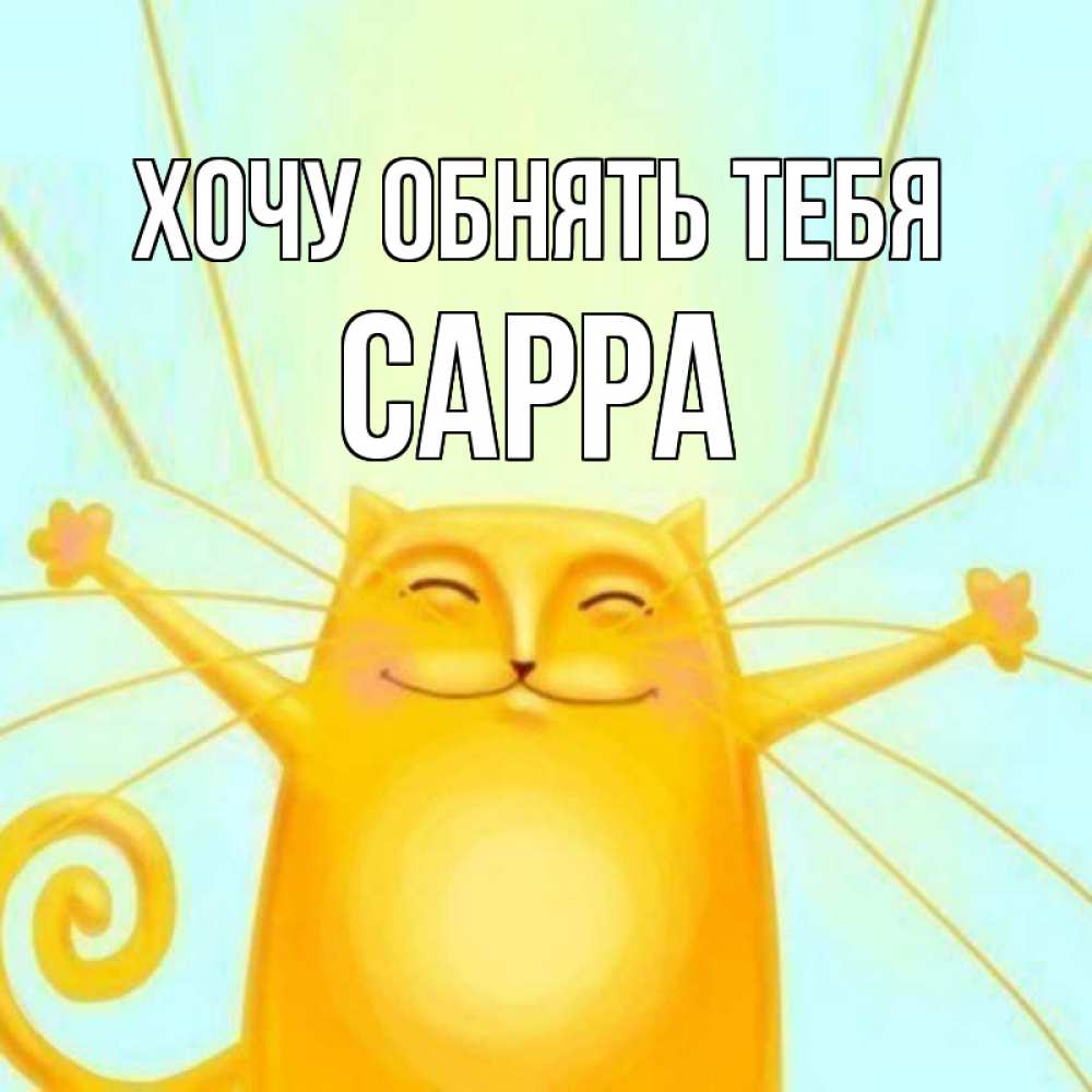 Открытка на каждый день с именем, Сарра Хочу обнять тебя солнечный обнимашечный кот Прикольная открытка с пожеланием онлайн скачать бесплатно 