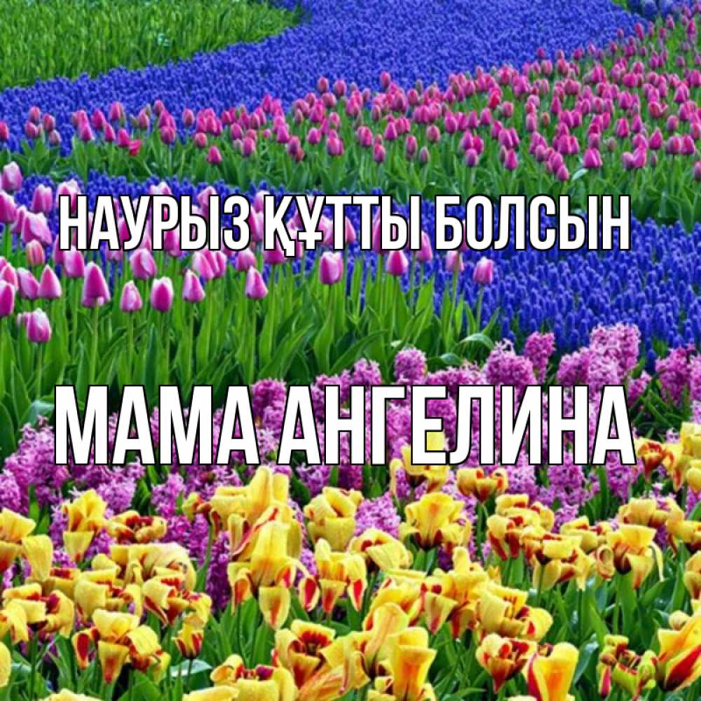 Открытка на каждый день с именем, Мама-Ангелина Наурыз құтты болсын цветы Прикольная открытка с пожеланием онлайн скачать бесплатно 