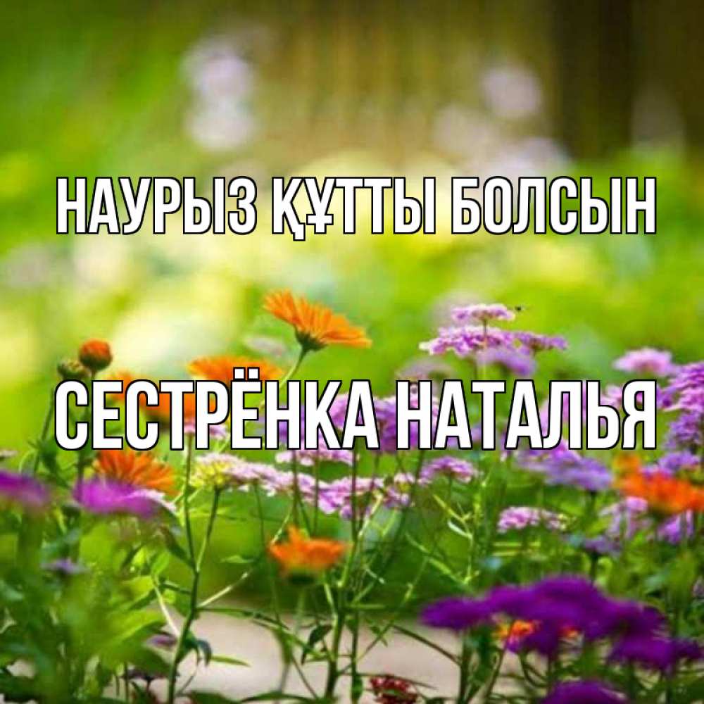 Открытка на каждый день с именем, Сестрёнка-Наталья Наурыз құтты болсын цветы Прикольная открытка с пожеланием онлайн скачать бесплатно 