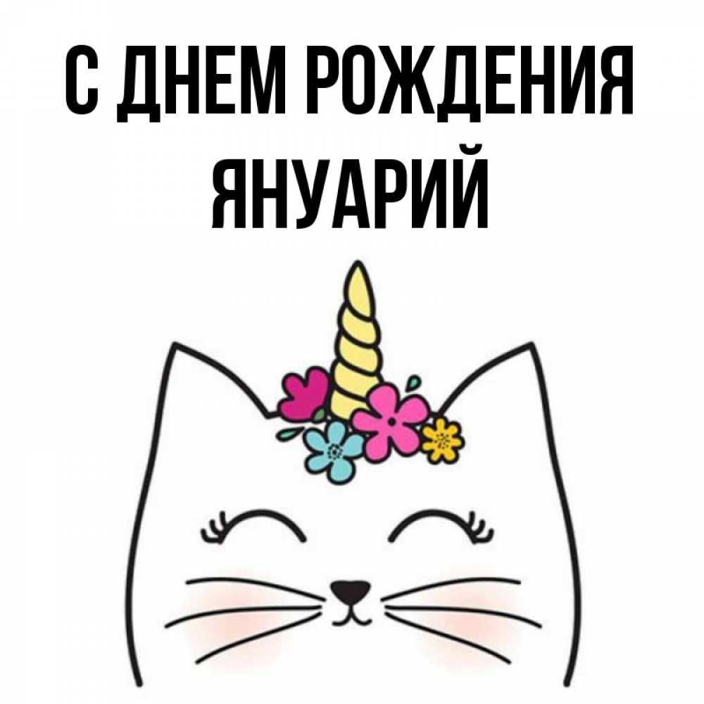 Открытка на каждый день с именем, Януарий С днем рождения милый кот с одним рожком Прикольная открытка с пожеланием онлайн скачать бесплатно 