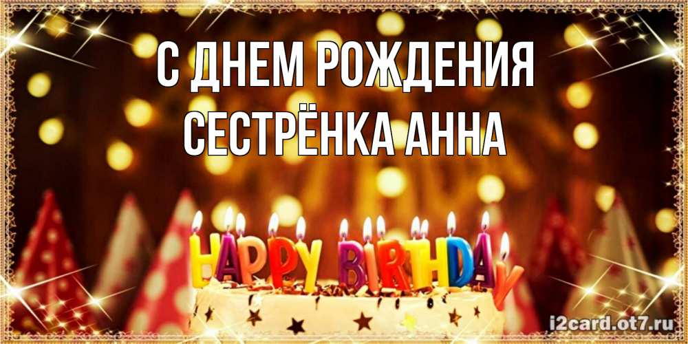 Открытка на каждый день с именем, Сестрёнка-Анна С днем рождения торт и надпись свечками на английском happy birthday Прикольная открытка с пожеланием онлайн скачать бесплатно 