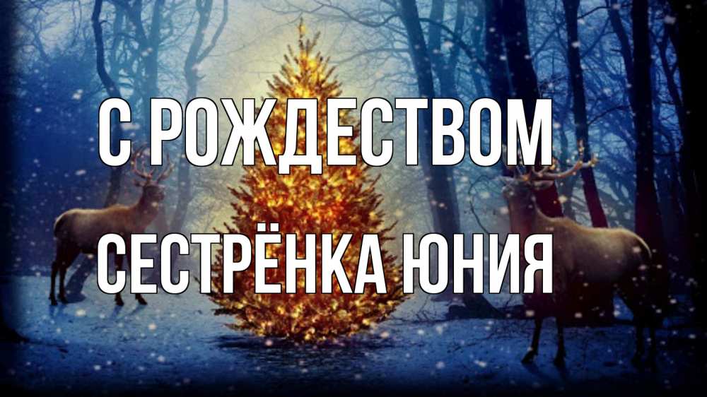 Открытка на каждый день с именем, Сестрёнка-Юния С рождеством олени, новогодняя елка Прикольная открытка с пожеланием онлайн скачать бесплатно 