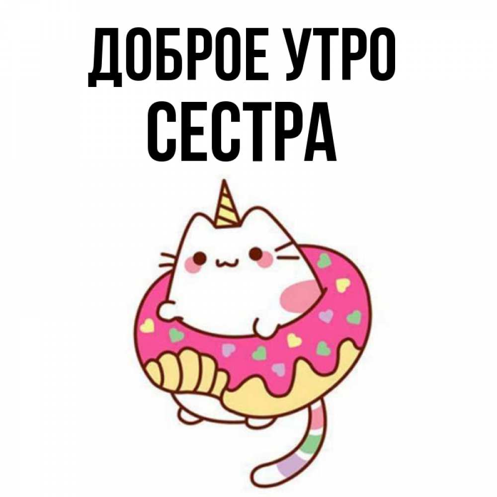 Открытка на каждый день с именем, Сестра Доброе утро кот в бублике Прикольная открытка с пожеланием онлайн скачать бесплатно 
