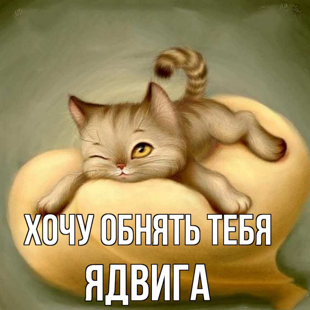 Открытка на каждый день с именем, Ядвига Хочу обнять тебя кошечка Прикольная открытка с пожеланием онлайн скачать бесплатно 