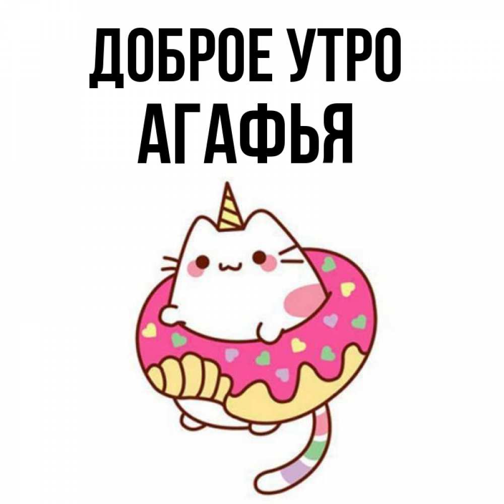 Открытка на каждый день с именем, Агафья Доброе утро кот в бублике Прикольная открытка с пожеланием онлайн скачать бесплатно 