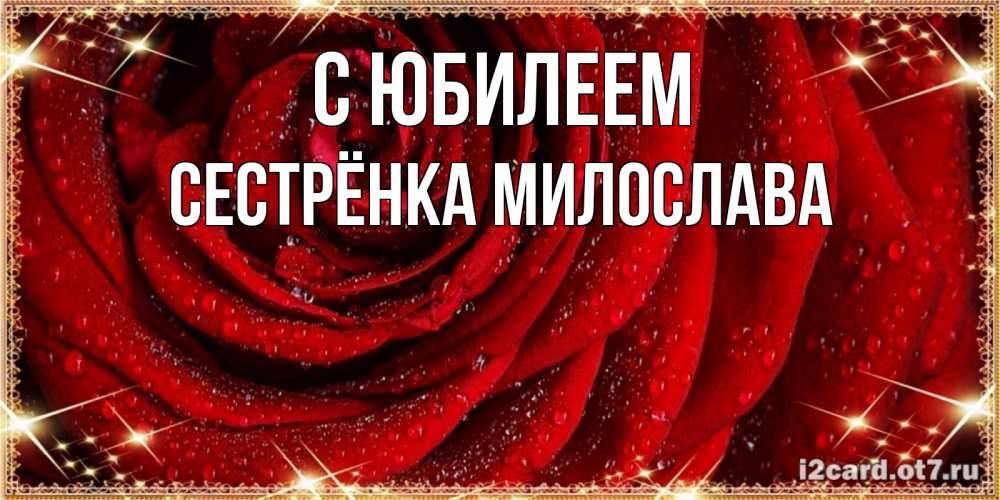 Открытка на каждый день с именем, Сестрёнка-Милослава С юбилеем роса на розе блестящая в лучах солнца Прикольная открытка с пожеланием онлайн скачать бесплатно 