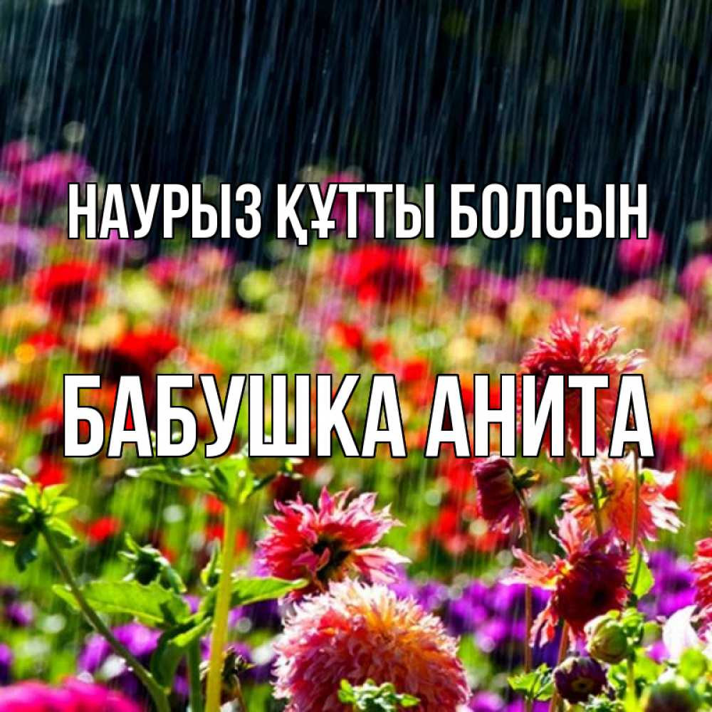 Открытка на каждый день с именем, Бабушка-Анита Наурыз құтты болсын цветы под дождиком к наурызу Прикольная открытка с пожеланием онлайн скачать бесплатно 