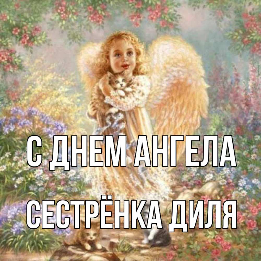 Открытка на каждый день с именем, Сестрёнка-Диля С днем ангела держит котенка Прикольная открытка с пожеланием онлайн скачать бесплатно 