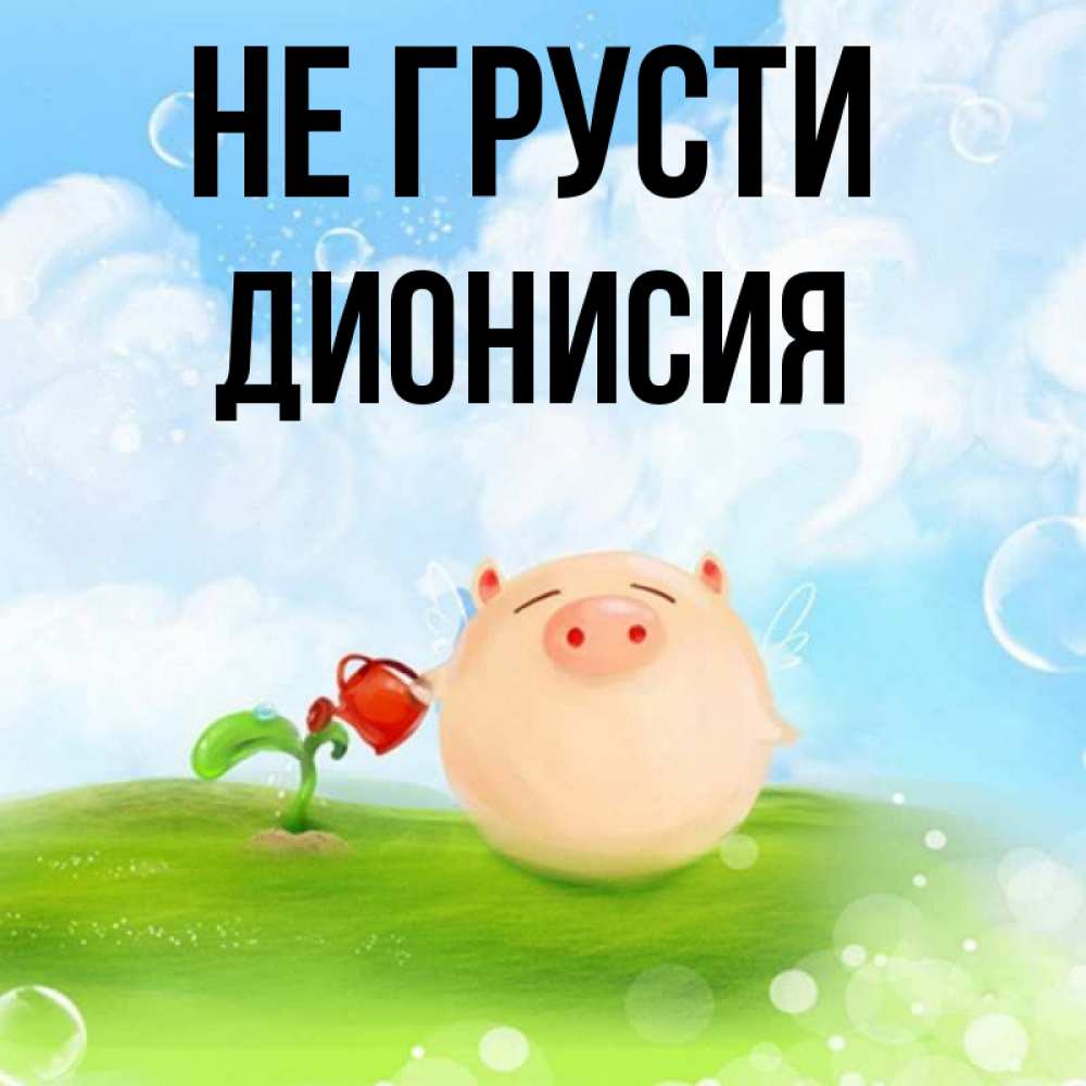 Открытка на каждый день с именем, Дионисия Не грусти поливает цветок порося Прикольная открытка с пожеланием онлайн скачать бесплатно 