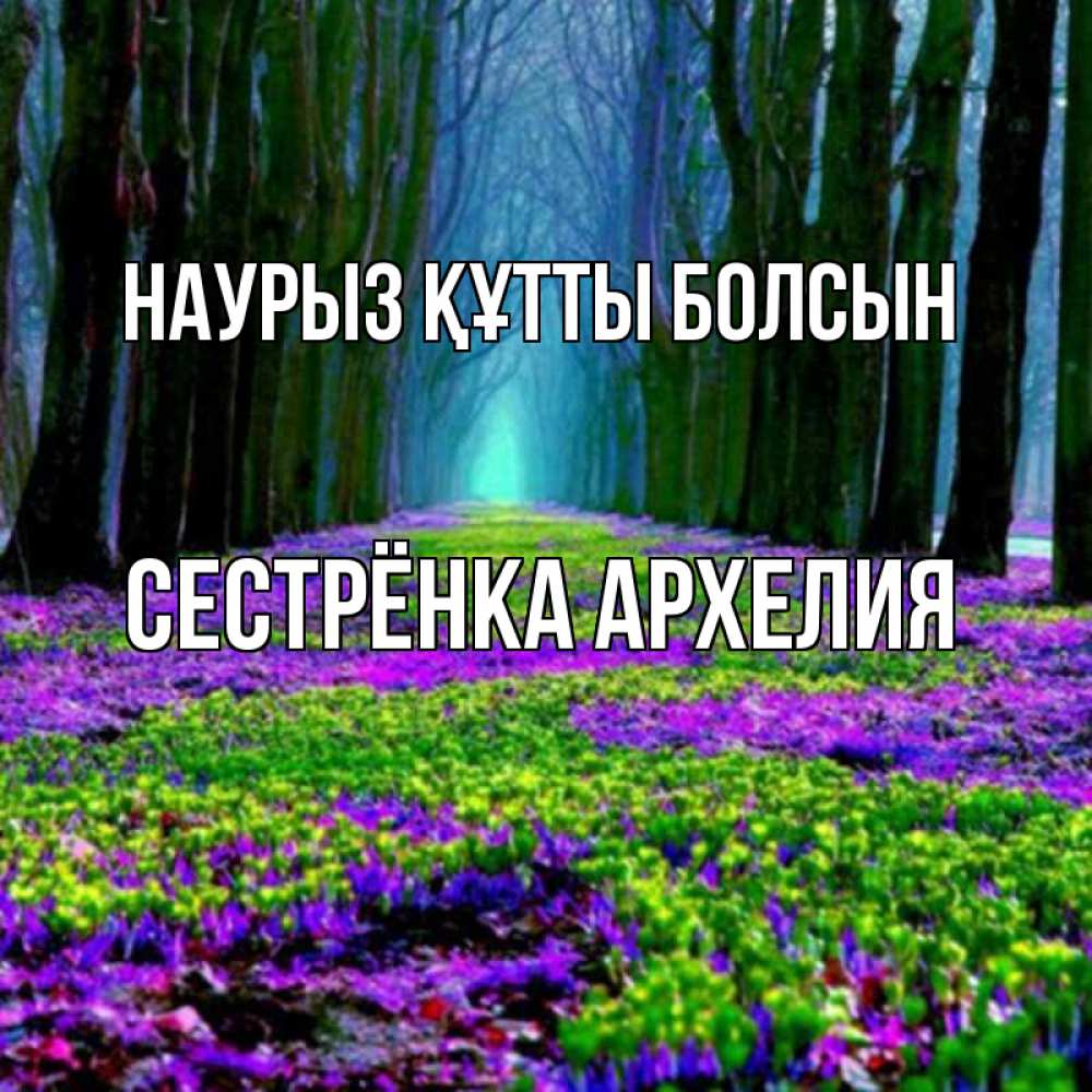 Открытка на каждый день с именем, Сестрёнка-Архелия Наурыз құтты болсын фиолетовые цветы в лесу 1 Прикольная открытка с пожеланием онлайн скачать бесплатно 