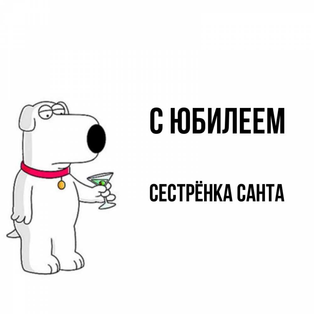Открытка на каждый день с именем, Сестрёнка-Санта С юбилеем песик с оливками Прикольная открытка с пожеланием онлайн скачать бесплатно 
