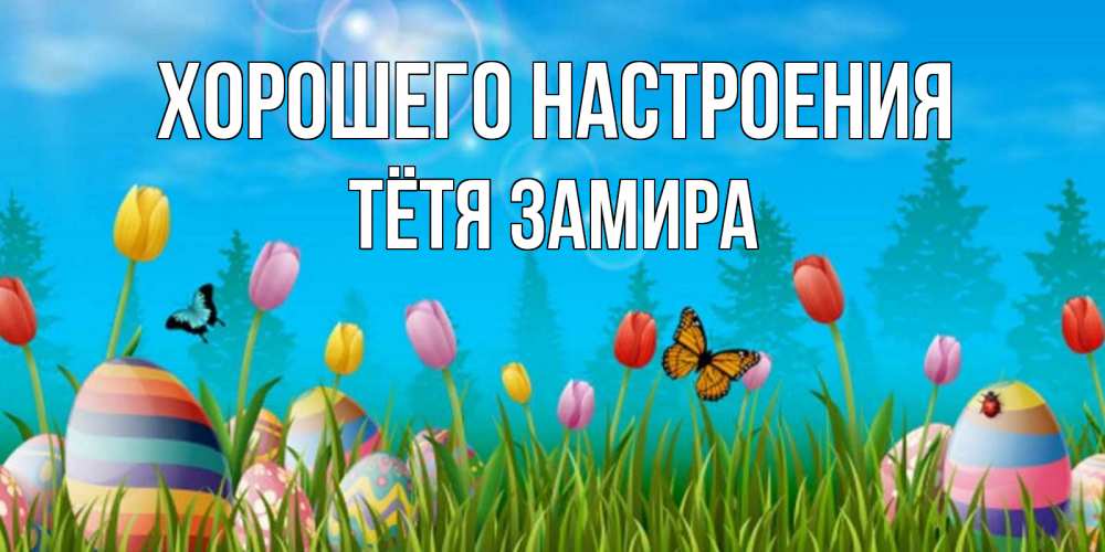Открытка на каждый день с именем, Тётя-Замира Хорошего настроения небо и тюльпаны с бабочкой Прикольная открытка с пожеланием онлайн скачать бесплатно 
