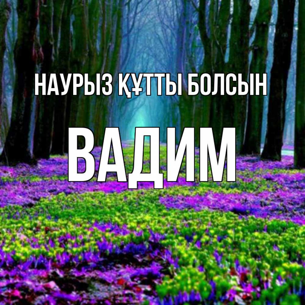 Открытка на каждый день с именем, Вадим Наурыз құтты болсын фиолетовые цветы в лесу 1 Прикольная открытка с пожеланием онлайн скачать бесплатно 