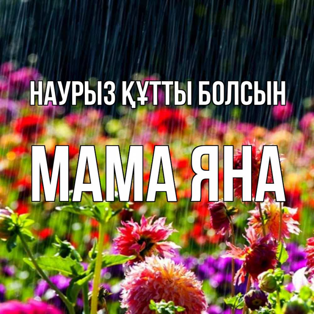 Открытка на каждый день с именем, Мама-Яна Наурыз құтты болсын цветы под дождиком к наурызу Прикольная открытка с пожеланием онлайн скачать бесплатно 