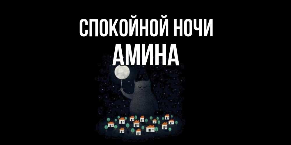Открытка на каждый день с именем, Амина Спокойной ночи кот,луна, ночь, звезды Прикольная открытка с пожеланием онлайн скачать бесплатно 