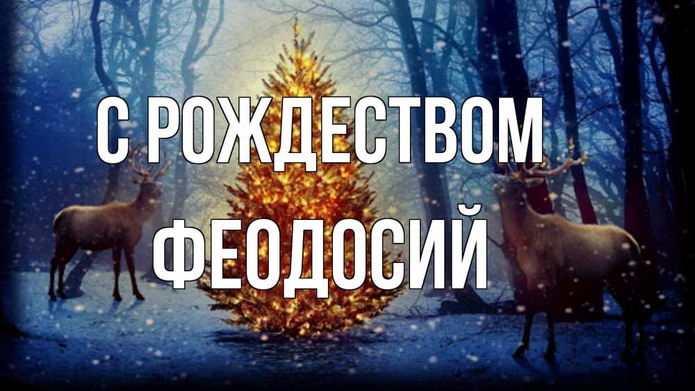 Открытка на каждый день с именем, Феодосий С рождеством олени, новогодняя елка Прикольная открытка с пожеланием онлайн скачать бесплатно 
