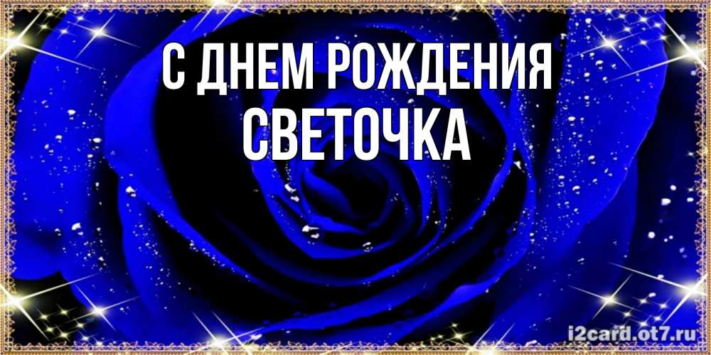 Открытка на каждый день с именем, Светочка С днем рождения голубые цветы в росе Прикольная открытка с пожеланием онлайн скачать бесплатно 